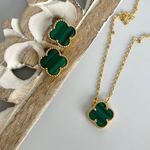 Green Malachite Clover Necklace and Earrings Four Leaf Luxury Jewelry